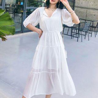Elbow-sleeve Tassel Chiffon Midi Dress