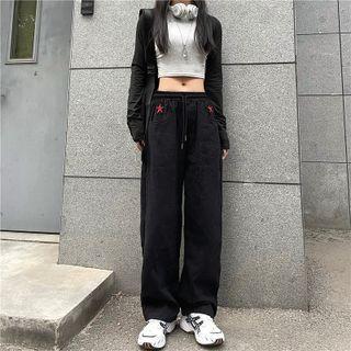 Star Embroidered Drawstring Wide-leg Pants