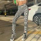 High-waist Plaid Slit Slim-fit Pants