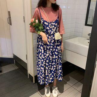 Elbow-sleeve T-shirt / Floral Print Spaghetti-strap Midi Dress