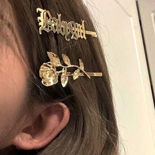Alloy Leaf / Lettering Hair Pin Set Of 2 - 0594a - Alloy Leaf & Lettering Hair Pin - One Size