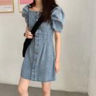 Puff-sleeve Single Breast Denim Dress