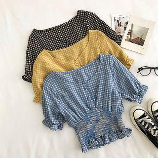 Color-block Plaid V-neck Puff-sleeve Top