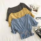 Color-block Plaid V-neck Puff-sleeve Top