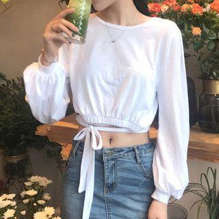 Cropped Long Sleeve Tie Waist T-shirt