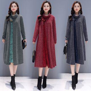 Long-sleeve Stand Collar Midi Knit Dress