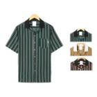 Contrast-collar Short-sleeve Striped Shirt