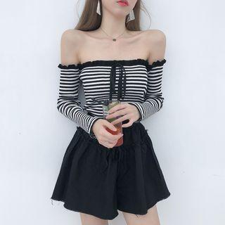 Off-shoulder Long-sleeve Striped Top Black - One Size