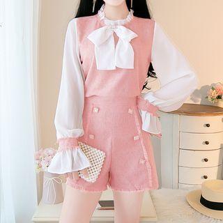 Set: Long-sleeve Tie Neck Blouse + Shorts