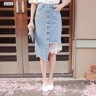 Laced Cutout-hem Denim Pencil Skirt