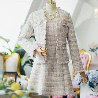 Set: Square-neck Sleeveless A-line Dress + Tweed Jacket