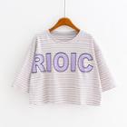 Lettering Striped Elbow Sleeve Cropped T-shirt