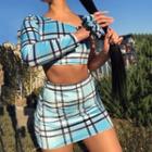 Set: One-shoulder Plaid Cropped T-shirt + Pencil Skirt