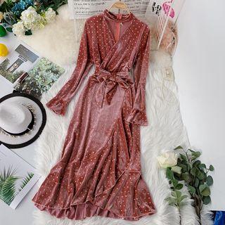 Long-sleeve Mock Neck Cut Out Dotted Midi Velvet Dress