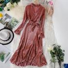 Long-sleeve Mock Neck Cut Out Dotted Midi Velvet Dress