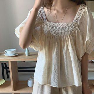 Cutout Puff-sleeve Square-neck Short-sleeve Shirt