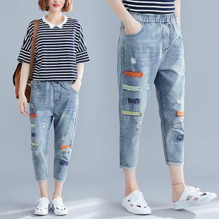 Patched Cropped Straight-cut Jeans
