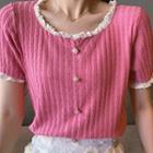 Contrast Collar Short-sleeve Blouse / Floral Mini A-line Skirt / Set