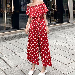 Dotted Short-sleeve Wide Leg Jumpsuit