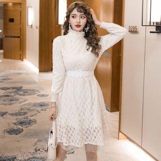 Long-sleeve Plain Mock-neck Mini Dress