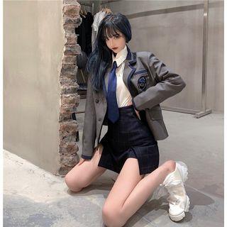 Double-breasted Blazer / Long-sleeve Shirt / Mini Pencil Skirt / Tie / Set