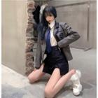 Double-breasted Blazer / Long-sleeve Shirt / Mini Pencil Skirt / Tie / Set