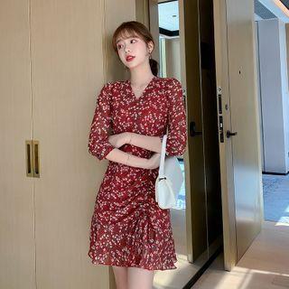 Floral 3/4-sleeve Drawstring A-line Dress