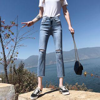 Frayed Hem Ripped Cropped Straight Fit Jeans
