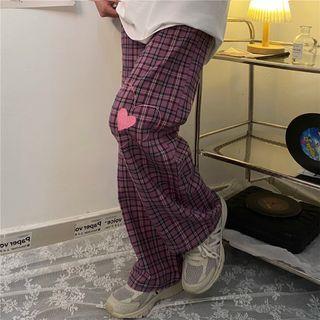 Heart Embroidered Plaid Wide-leg Pants
