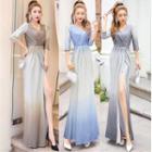 V-neck 3/4-sleeve Ombre Slit A-line Evening Gown