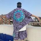 Set: Elbow-sleeve Zebra Print Shirt + Wide-leg Shorts
