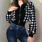 Houndstooth Cutout Zip-up Cropped Jacket