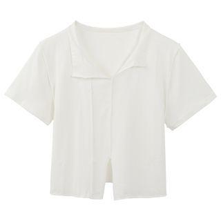 Short-sleeve Lapel Slit Asymmetrical T-shirt White - One Size
