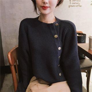 Long Sleeve Crewneck Button Rib Knit Top