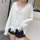 V-neck Distressed Plain Sweater