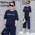 Set: Lettering Elbow-sleeve T-shirt + Wide Leg Cropped Pants