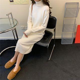 Mock-neck Plain Striped Knit Dress