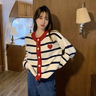 Heart Print Striped Cardigan Stripes - White & Blue - One Size