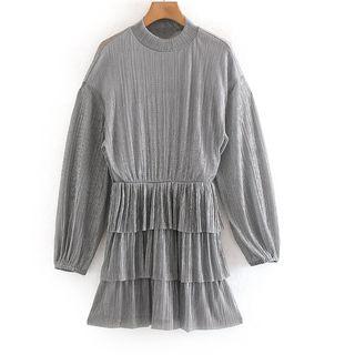 Long-sleeve Glitter Mini A-line Tiered Dress