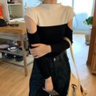 Long-sleeve Paneled Knit Top Black - One Size