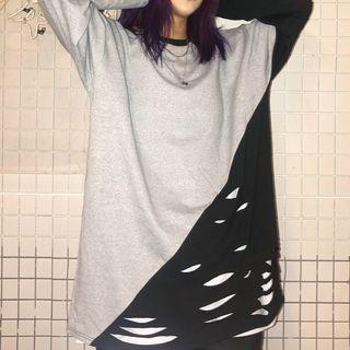 Long-sleeve Ripped Two-tone T-shirt