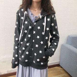 Star Print Zip Hoodie Dark Gray - One Size