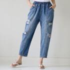 Band-waist Distressed Denim Jeans Blue - One Size