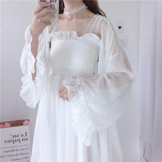 Wide Strap Smocked Midi A-line Mesh Dress / Long Light Jacket
