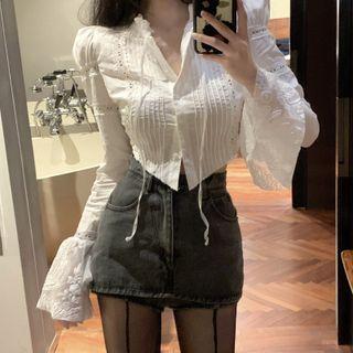 Bell-sleeve Lace Trim Button-up Crop Top