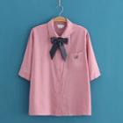 Lettering Plain Oversized Tie-neck Short Sleeve Shirt