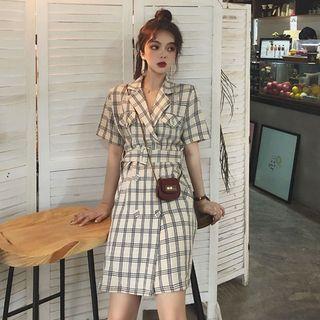 Double-breasted Notched Lapel Check Mini Dress As Shown In Figure - One Size