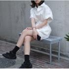 Short-sleeve Drawstring-waist Cargo Romper White - One Size