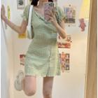 Short-sleeve Twisted Gingham Mini Dress Green - One Size