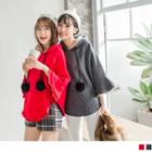 Ruffled 3/4 Sleeve Pompom Drawstring Hoodie